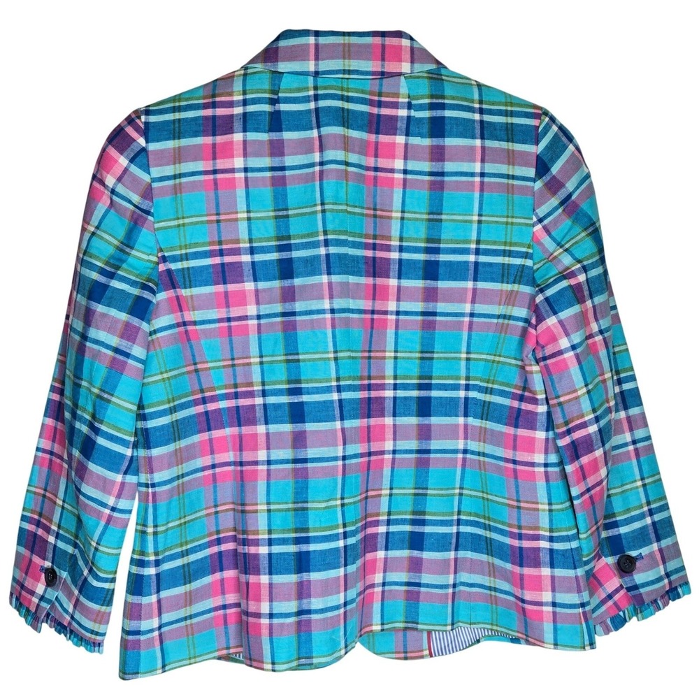 Talbots Petite 4P Madras Plaid Linen Blend Blazer Blue Pink Green Ruffle Cuff - Picture 3 of 10